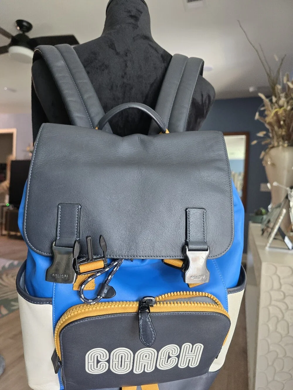 Coach Blue, Navy & Cream Nylon Leather Backpack with Orange Accents